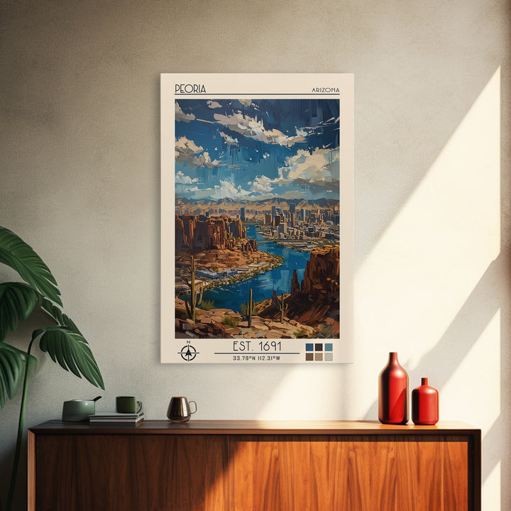 Peoria Travel Poster, Canvas Print, City Travel Poster, Travel Wall Decor, City Wall Art, Mid Century Wall Art, Living Room Wall Art