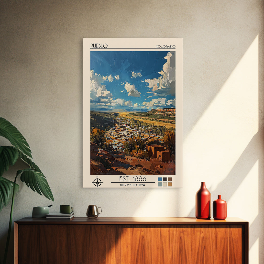 Pueblo Travel Poster, Framed Canvas Print, City Art Print, Travel Wall Art, Vintage Posters, Retro Wall Art, Wall Art, Landscape Art