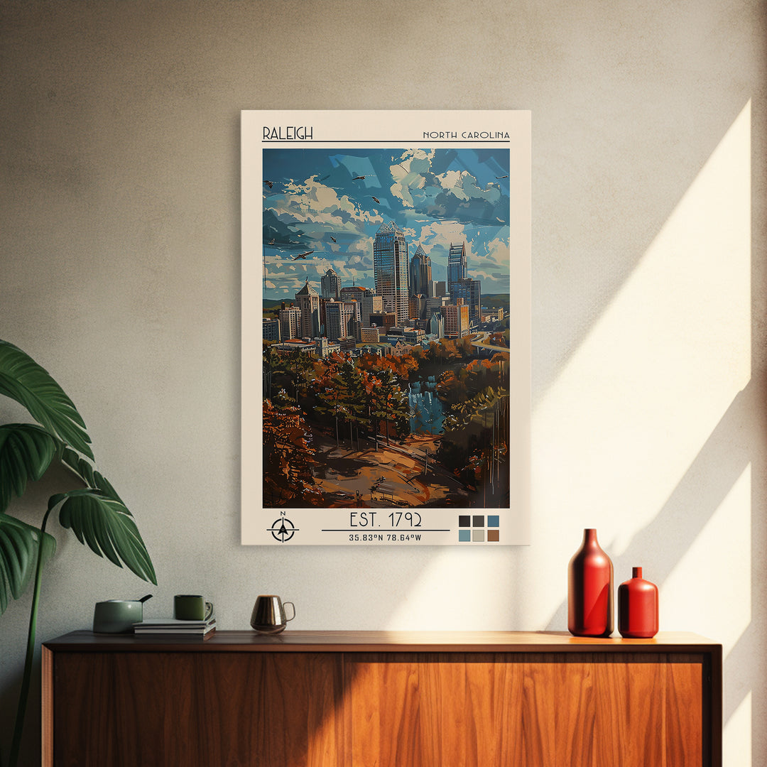 Raleigh Travel Poster, Framed Canvas Print, Retro Wall Art, Travel Print, Gallery Wall Set, Mid Century Wall Art, Vintage Travel Art