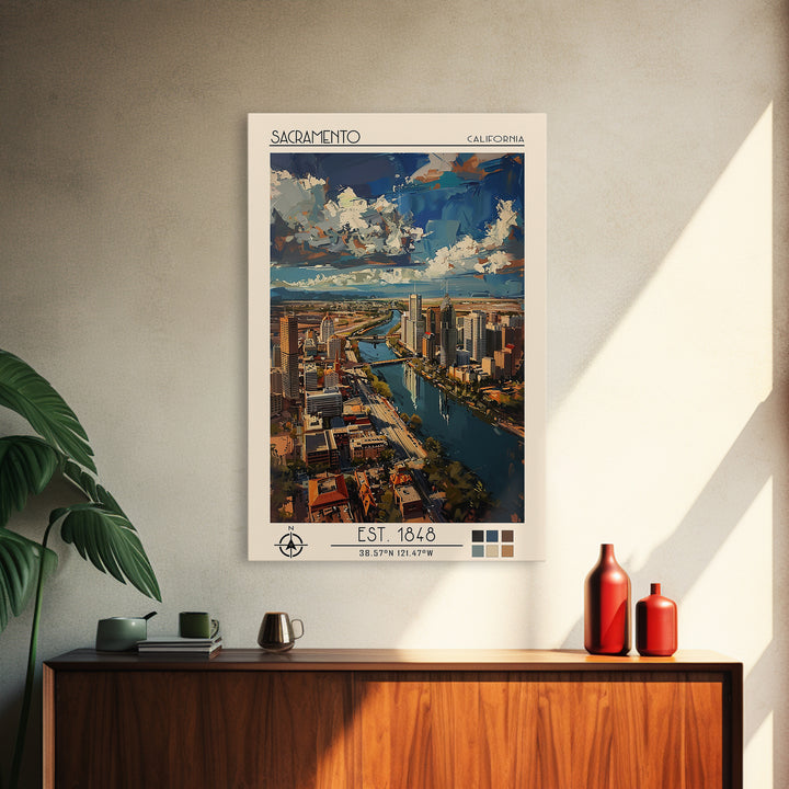 Sacramento Travel Poster, Framed Canvas Print, Travel Art Print, Modern Wall Decor, Retro Travel Print, Art Print, Colorful Wall Art