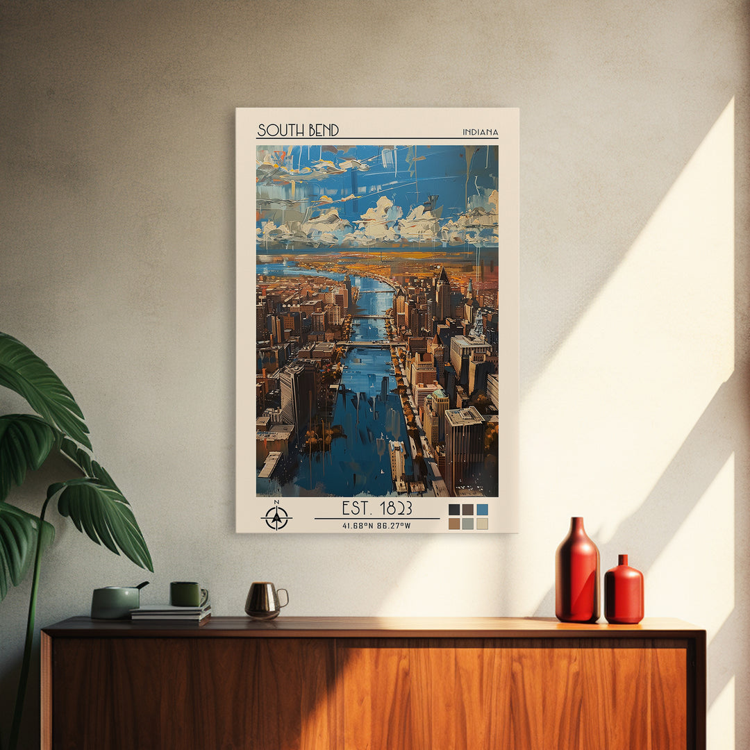 South Bend Travel Poster, Canvas Print, Retro Travel Poster, City Wall Art, City Travel Poster, Mid Century Wall Art, Fine Art Print