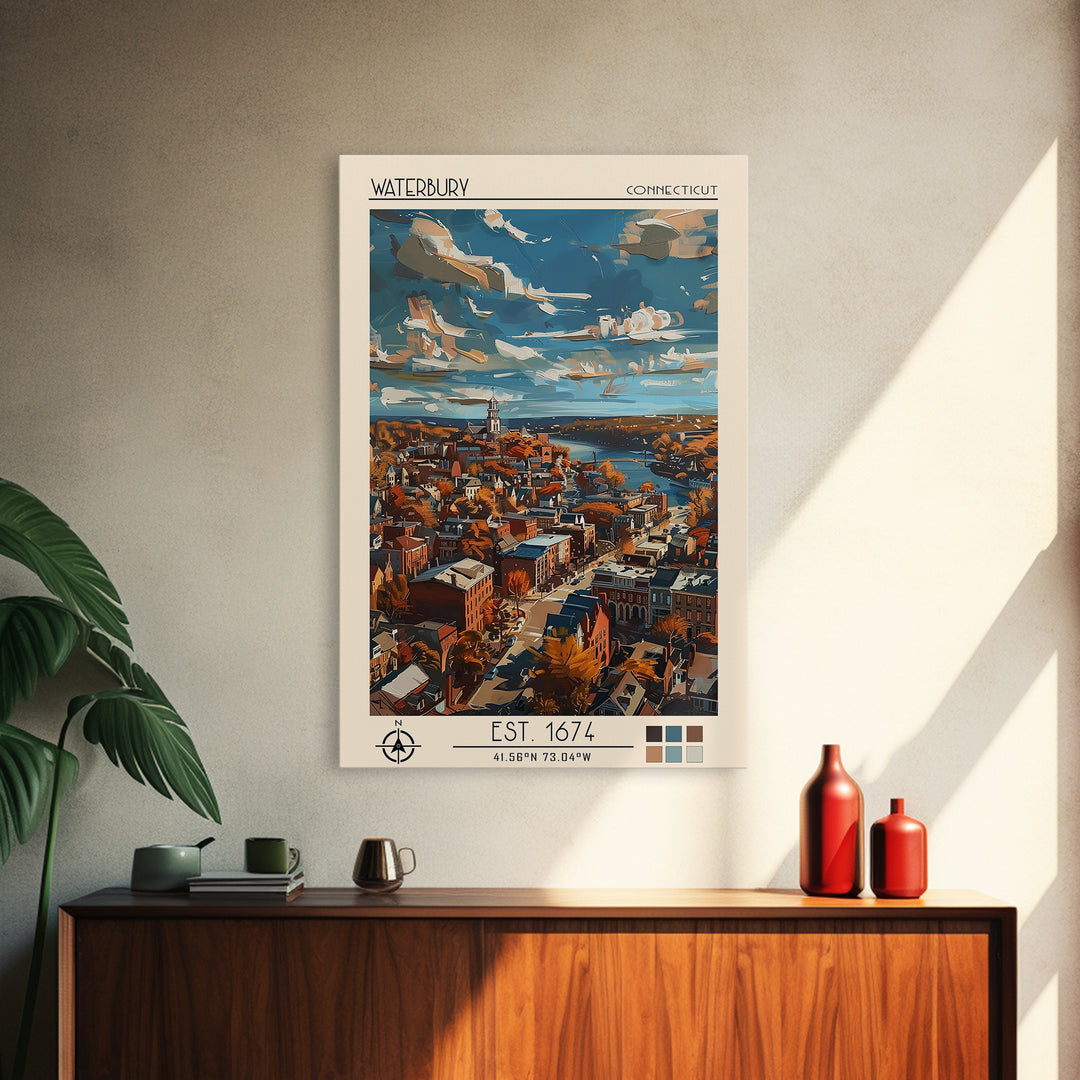 Waterbury Travel Poster, Framed Canvas Print, Travel Prints, Landscape Art, Vintage Travel, City Wall Art, Wall Art, Travel Wall Art