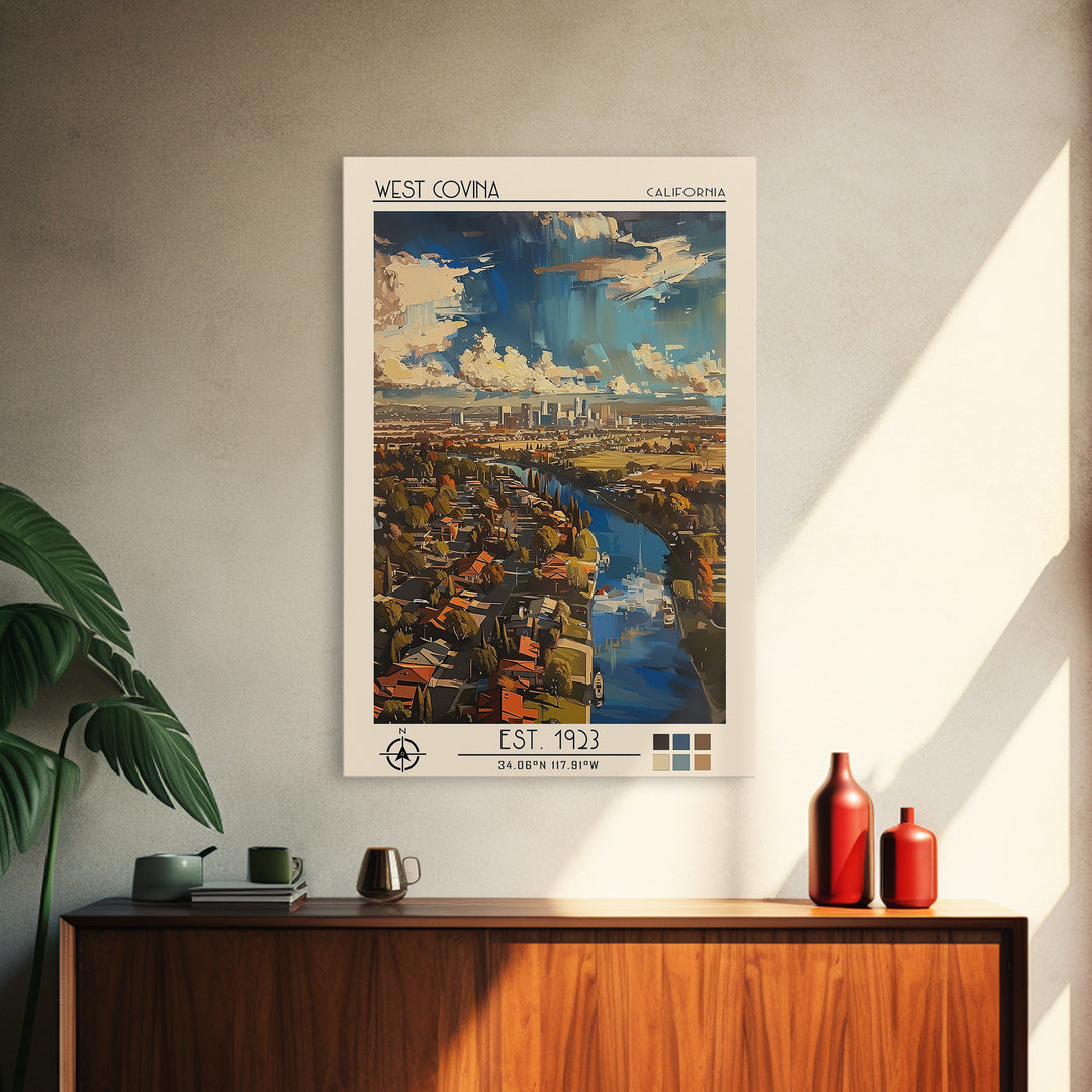 West Covina Travel Poster, Framed Canvas Print, Retro Travel Poster, City Wall Art, Poster Art, Vintage Travel Print, Vintage Travel