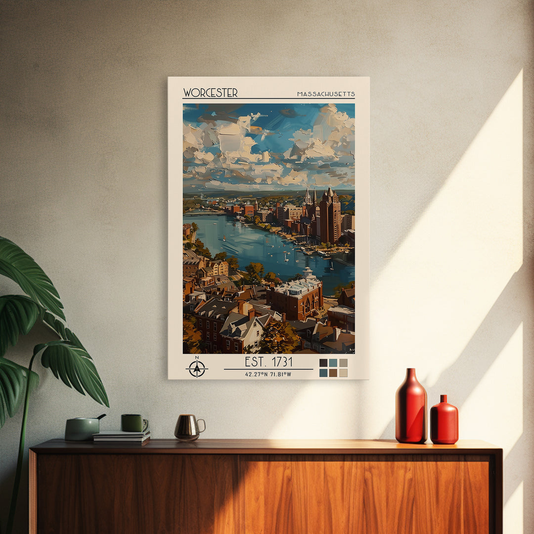 Worcester Travel Poster, Framed Canvas Print, Vintage Travel Print, City Wall Art, Retro Travel Poster, Poster Print, Fine Art Print