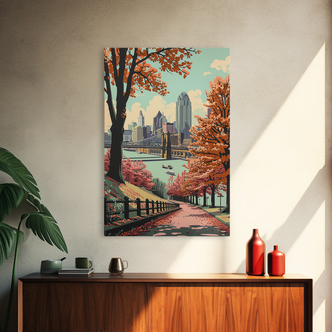 Cincinnati Travel Poster, Framed Canvas Print, Travel Wall Decor, Minimalist Poster, Fine Art Print, City Illustration, Travel Decor