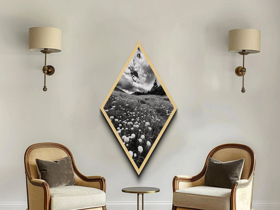 Black White Meadow Diamond Shaped Canvas Art Print, Monochrome Nature Photography, Wildflower Landscape Rustic Wall Decor