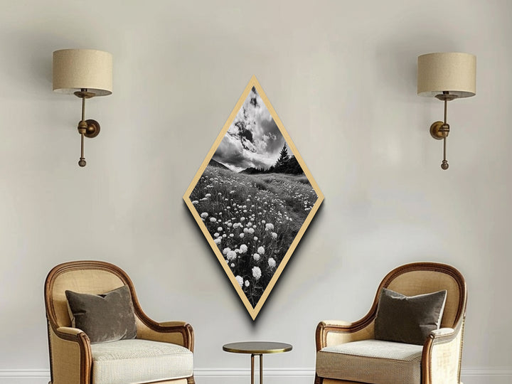 Black White Meadow Diamond Shaped Canvas Art Print, Monochrome Nature Photography, Wildflower Landscape Rustic Wall Decor