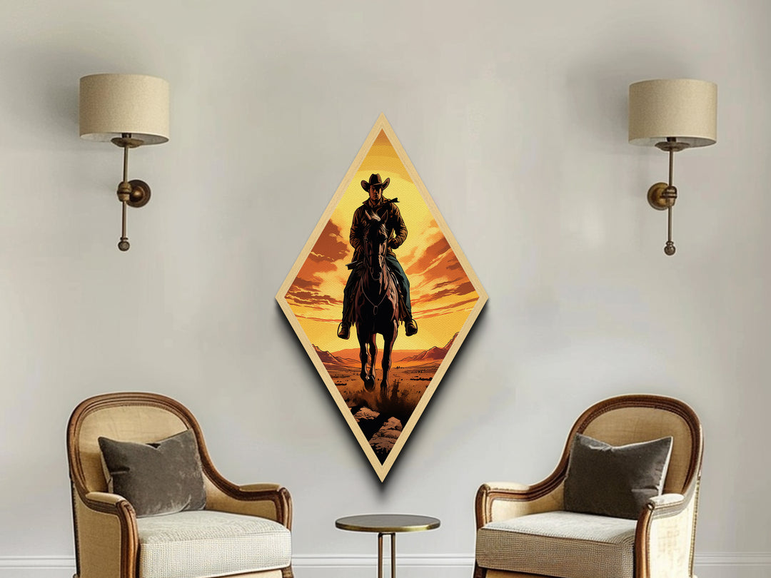Bold Lone Cowboy Sunset Diamond Shaped Canvas Textured Print — Dramatic Western Rider Wall Art Country Rustic Ranch Home Decor