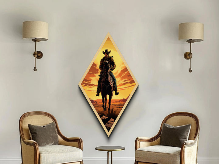 Bold Lone Cowboy Sunset Diamond Shaped Canvas Textured Print — Dramatic Western Rider Wall Art Country Rustic Ranch Home Decor
