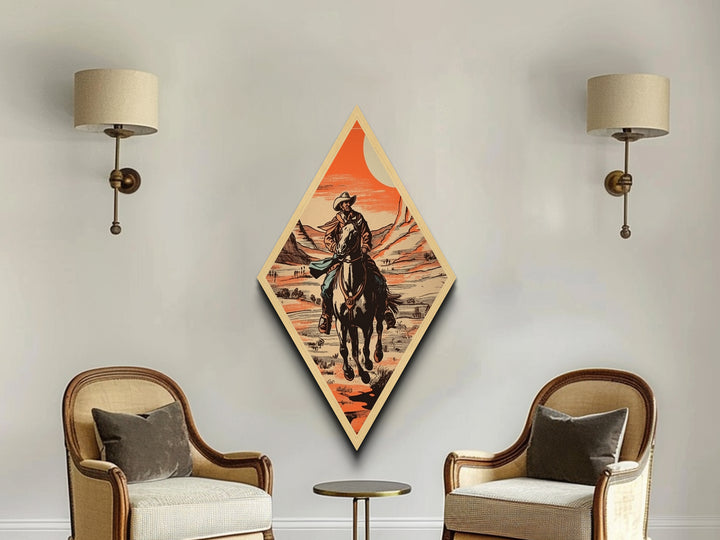 Scenic Cowboy Vista Trail Diamond Shaped Canvas Art Print — Desert Horse Rider Western Artwork Rustic Southwestern Wall Accent