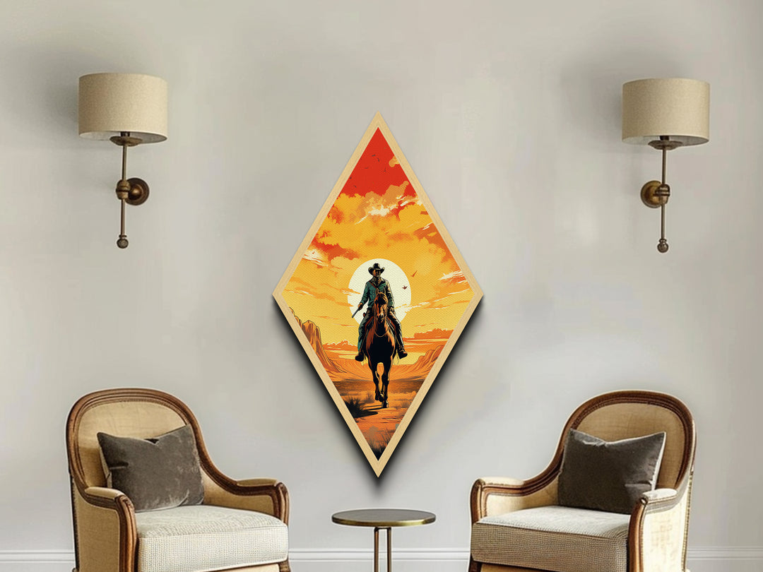Retro Cowboy Mountain Range Diamond Shaped Canvas Embossed Print — Southwestern Western Wall Art Desert Ride Rustic Decor Scene