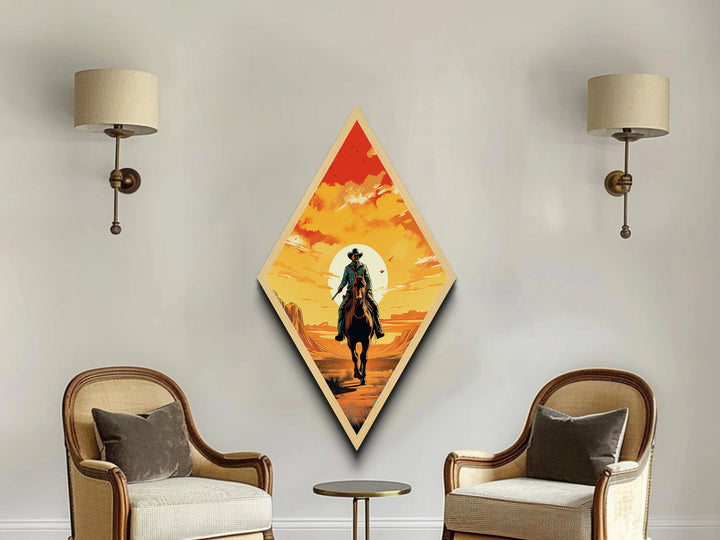 Retro Cowboy Mountain Range Diamond Shaped Canvas Embossed Print — Southwestern Western Wall Art Desert Ride Rustic Decor Scene