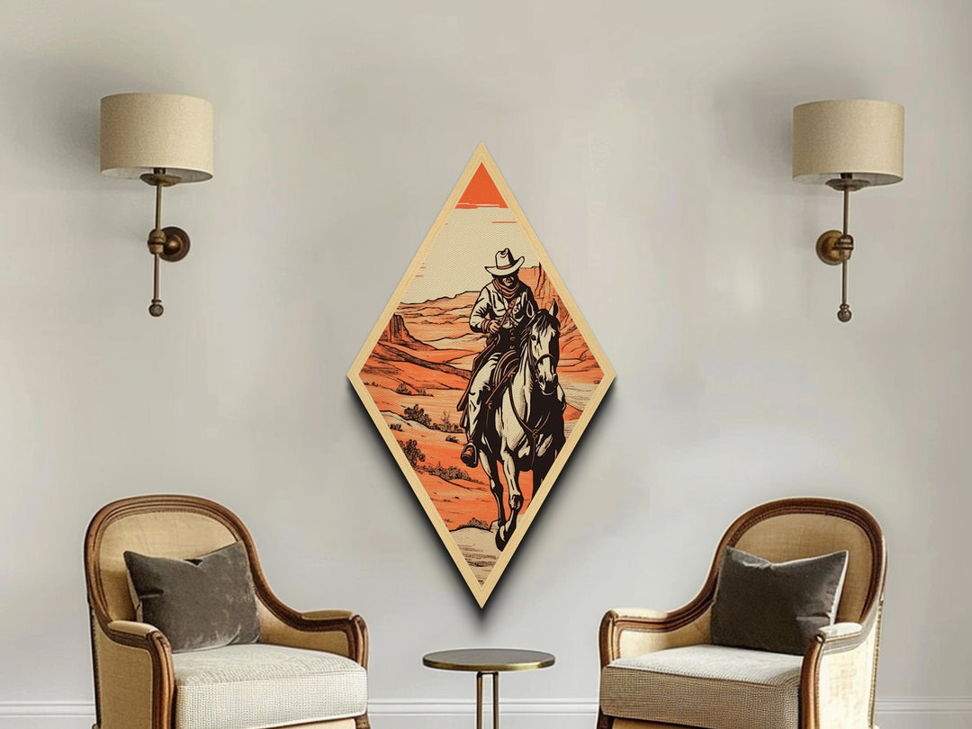 Sunset Frontier Ride Diamond Shaped Western Wall Decor Canvas Embossed Print with Cowboy Art Southwest Home Rustic Horseback Desert Scene