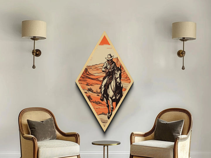 Sunset Frontier Ride Diamond Shaped Western Wall Decor Canvas Embossed Print with Cowboy Art Southwest Home Rustic Horseback Desert Scene