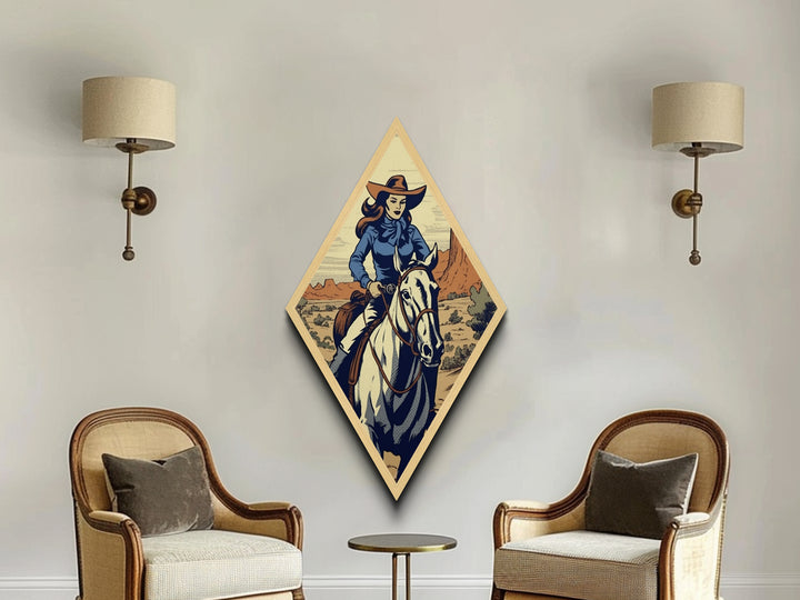 Rugged Cowgirl Charm Diamond Shaped Desert Wall Art Canvas Embossed Print Retro Western Female Horse Rider Blue Outfit Cowboy Style
