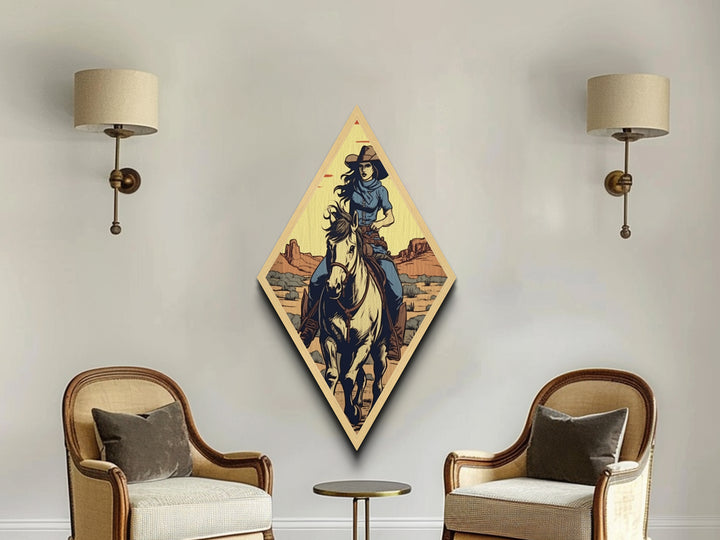 Cowgirl Desert Rider Diamond Shaped Western Wall Decor Canvas Embossed Print Retro Horseback Woman Artwork Rustic Country Living