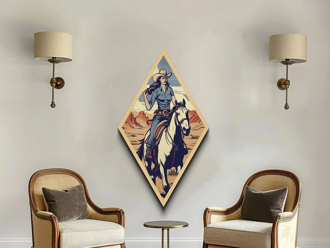Cowgirl Canyon Ride Diamond Shaped Horseback Art Print Canvas Textured Print Retro Western Style Ranch Decor with Female Rider