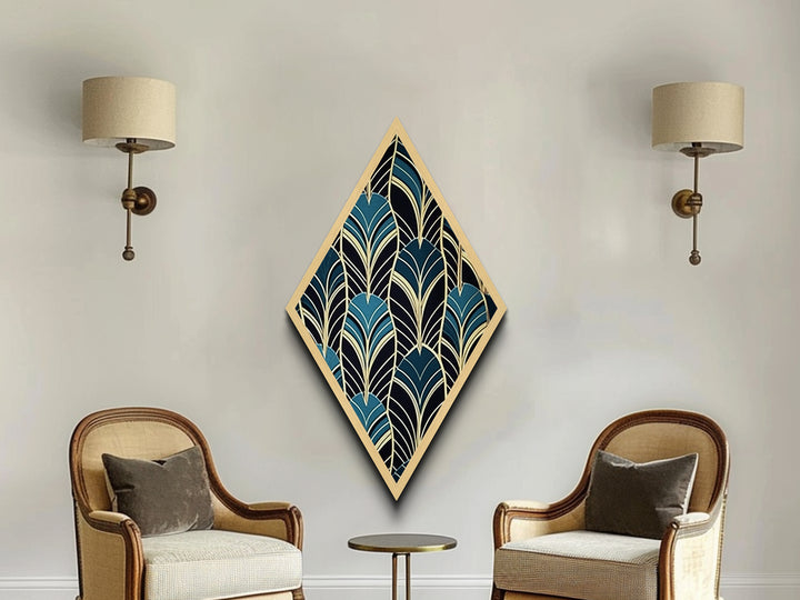 Teal Deco Leaves – Diamond Shaped Canvas Embossed Print Art Deco Wall Decor, Gold Foil Style, Geometric Pattern, Modern Glam Botanical Print