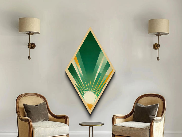 Greenburst Radiance – Diamond Shaped Retro Sunbeam Abstract Canvas Embossed Print, Mid Century Modern Art, Minimal Geometric Wall Decor