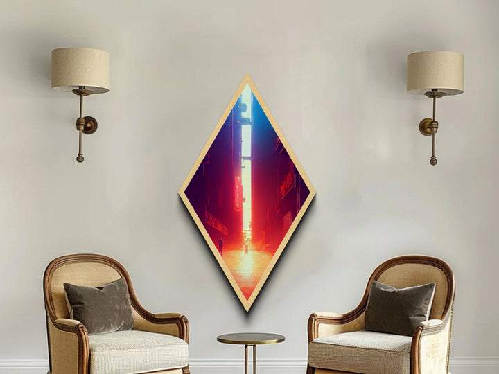 Neon Alley Escape Diamond Shaped Cyberpunk Cityscape Glow Canvas Art Print Gamer Room Sci-Fi Urban Futuristic Hallway Accent