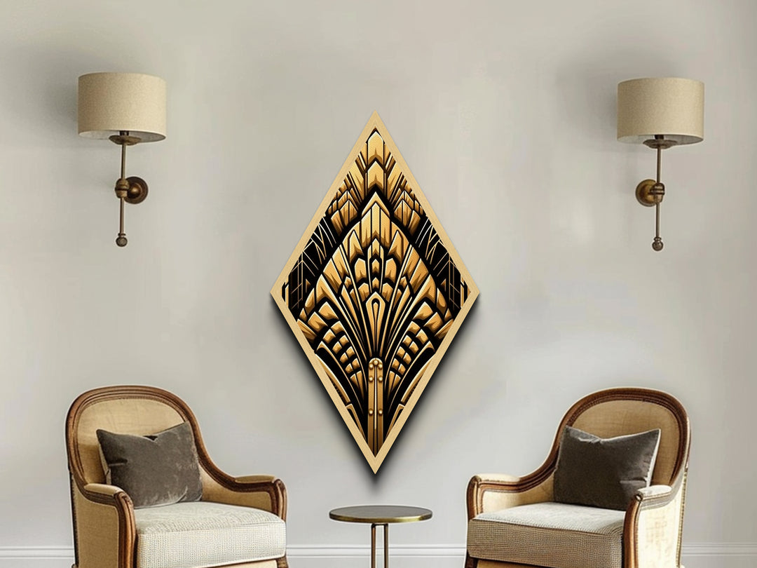 Deco Gold Fanburst – Diamond Shaped Canvas Textured Print Art Deco Wall Decor, Bold Glamorous Geometric Gold Pattern, Great Gatsby Accent