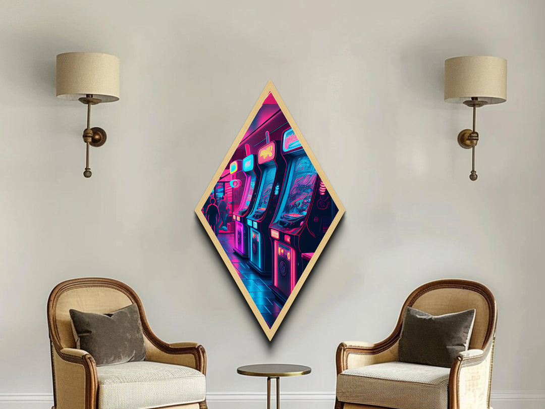Neon Arcade Lights Diamond Shaped Canvas Textured Print, Retro Gaming Room Wall Art, Vaporwave Decor Gamer Gift Print