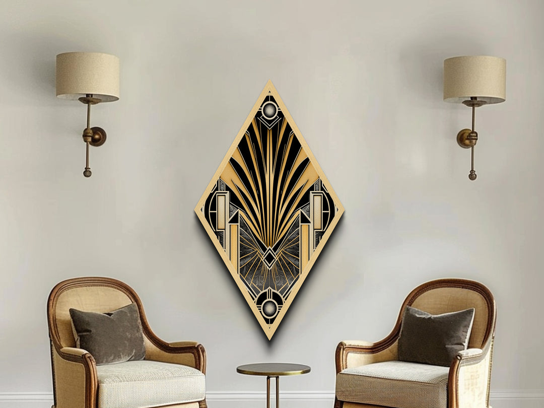 Diamond Shaped Art Deco Wall Art | Framed Canvas Textured Art Print | Gold & Green Art | Midcentury Modern | Office Decor