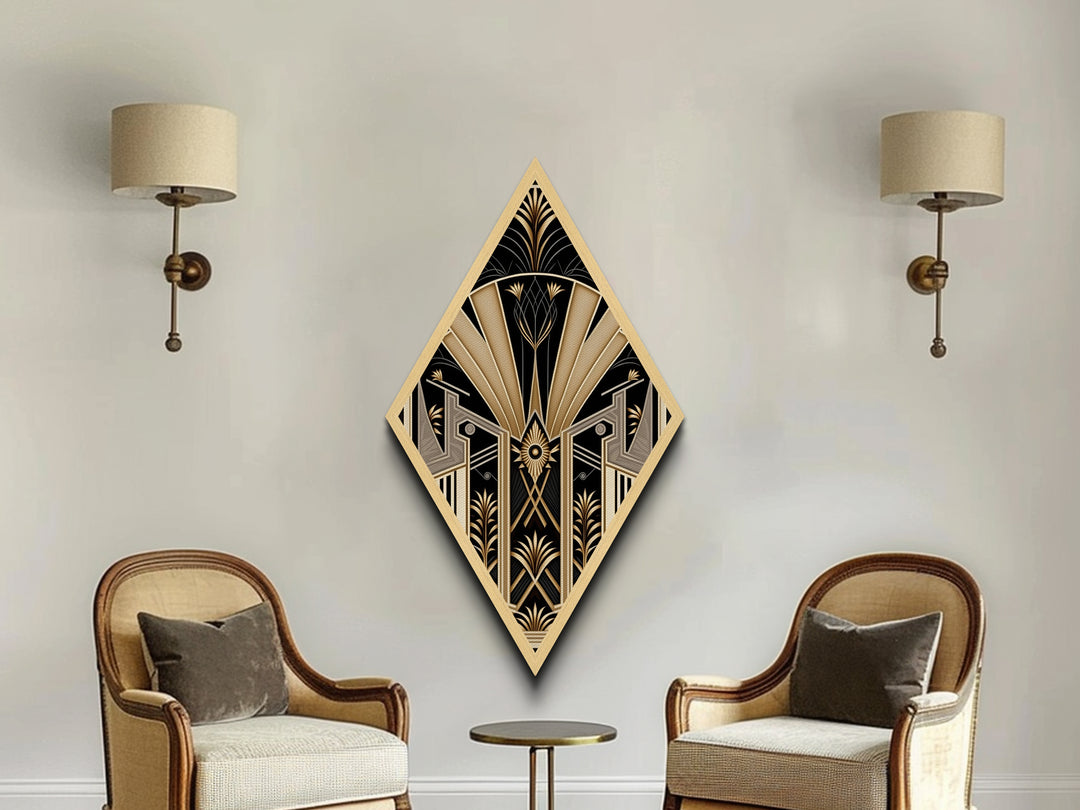 Art Deco Panel - Framed Canvas Textured Art Print - Wood Framed Art - Framed Print - Diamond Shaped Retro Wall Art