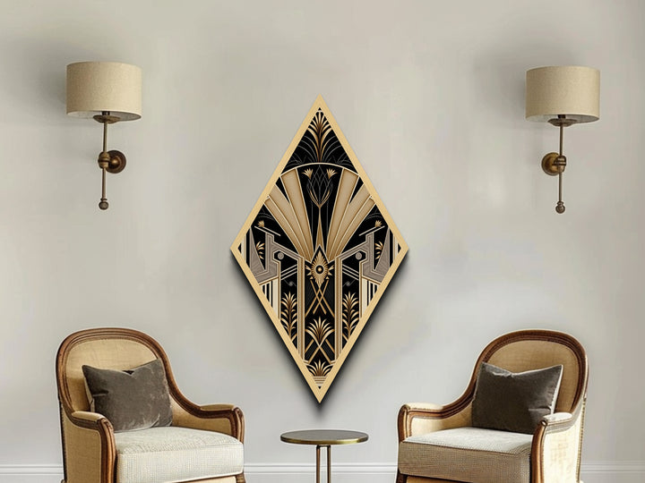 Art Deco Panel - Framed Canvas Textured Art Print - Wood Framed Art - Framed Print - Diamond Shaped Retro Wall Art