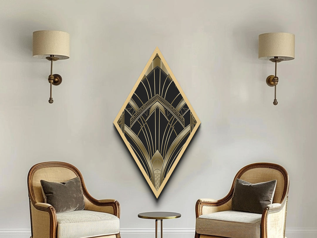 Deco Luxe Geometry – Diamond Shaped Canvas Embossed Print in black gold palette, glamorous geometric luxury art deco wall decor accent piece