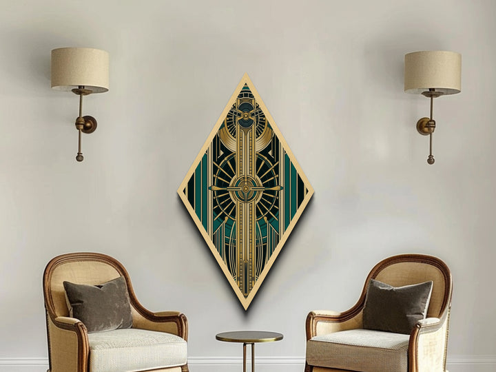 Emerald Axis Radiance – Diamond Shaped Canvas Embossed Print in gold green teal art deco, luxury retro wall accent with celestial symmetry