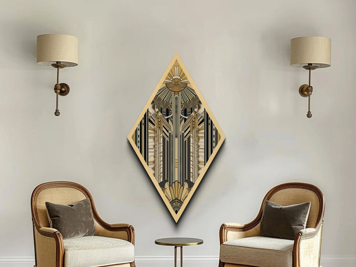 Empire Art Deco – Diamond Shaped Canvas Textured Print with golden structural symmetry, skyscraper inspired vertical abstract vintage glam