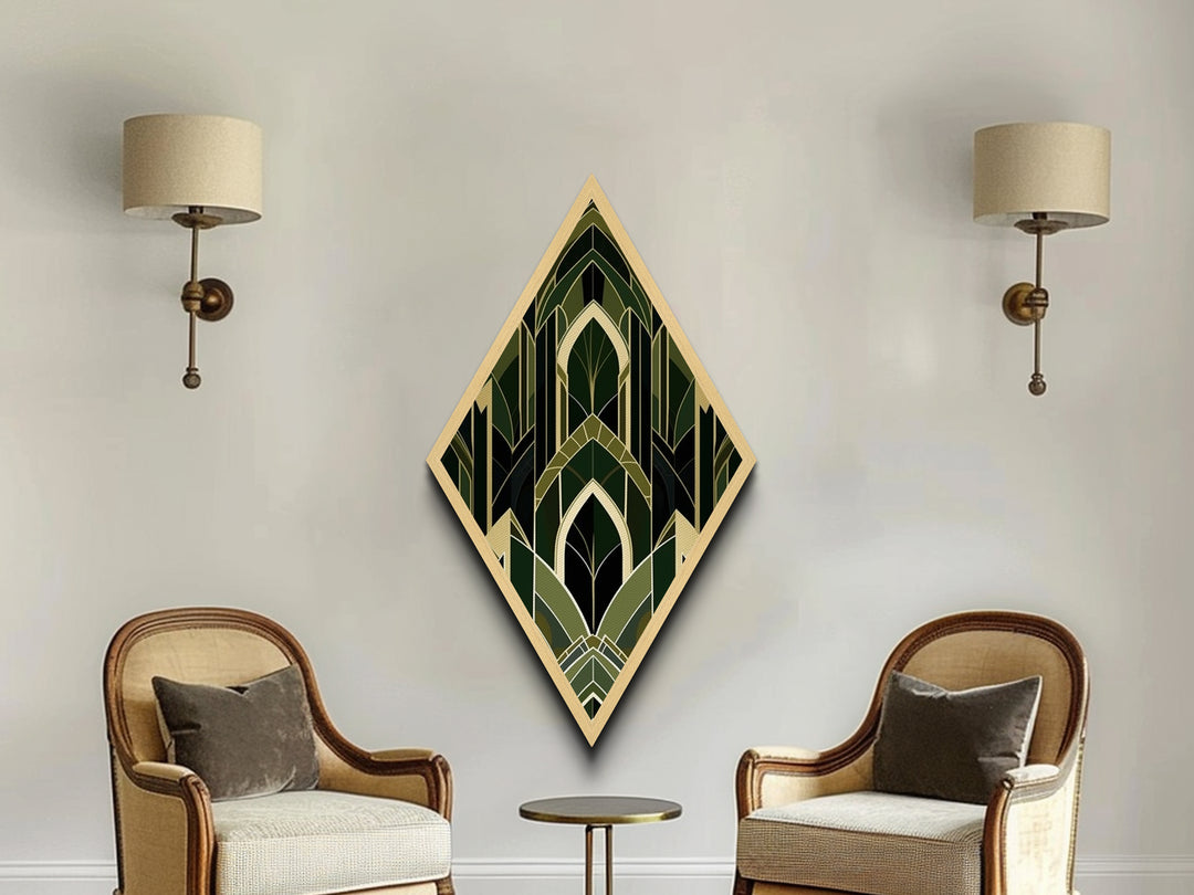 Forest Cathedral Deco – Diamond Shaped Canvas Art Print in deep green and gold, gothic geometric elegance with ornate symmetrical style