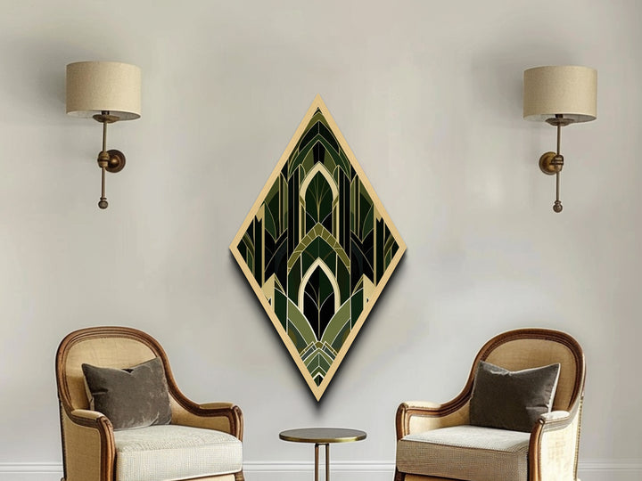 Forest Cathedral Deco – Diamond Shaped Canvas Art Print in deep green and gold, gothic geometric elegance with ornate symmetrical style