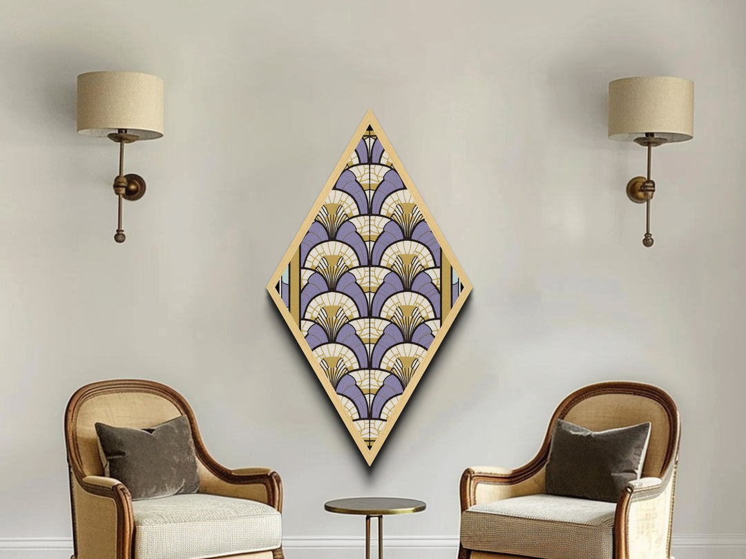 Lavender Deco Layers Diamond Shaped Canvas Textured Print, Art Nouveau Fan Motif, Pastel Pattern Geometric Wall Accent