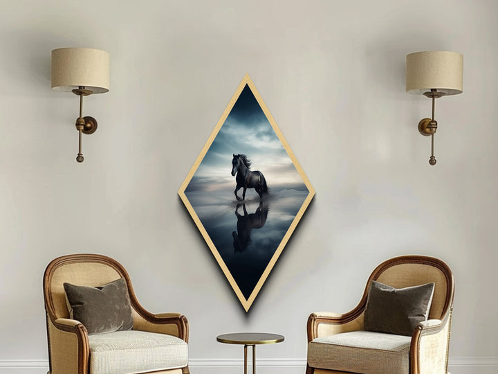 Midnight Stallion Run Diamond Shaped Canvas Textured Print, Majestic Black Horse Fine Art, Equine Spirit Desert Reflection