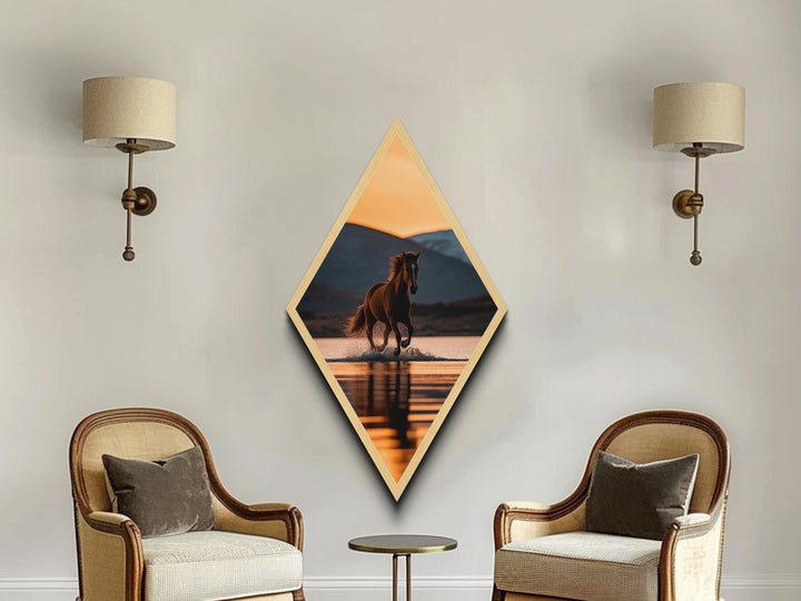 Wild Sunset Gallop Diamond Shaped Canvas Art Print, Chestnut Horse Water Splash, Western Nature Home Wall Decor Gift