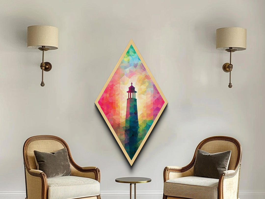 Prism Glow Lighthouse Diamond Shaped Canvas Embossed Print, Geometric Pastel Coastal Art, Modern Rainbow Nautical Scene