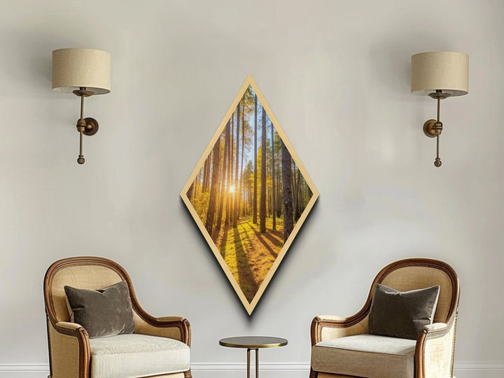 Morning Sunlight Pines Diamond Shaped Canvas Art Print, Nature Photography Wall Decor, Golden Forest Glow Landscape Artwork