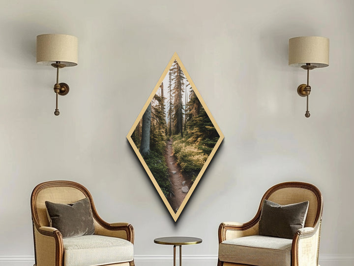 Forest Pathway Trail Diamond Shaped Canvas Textured Print, Serene Woodland Hike Decor, Earthy Green Landscape Art Print
