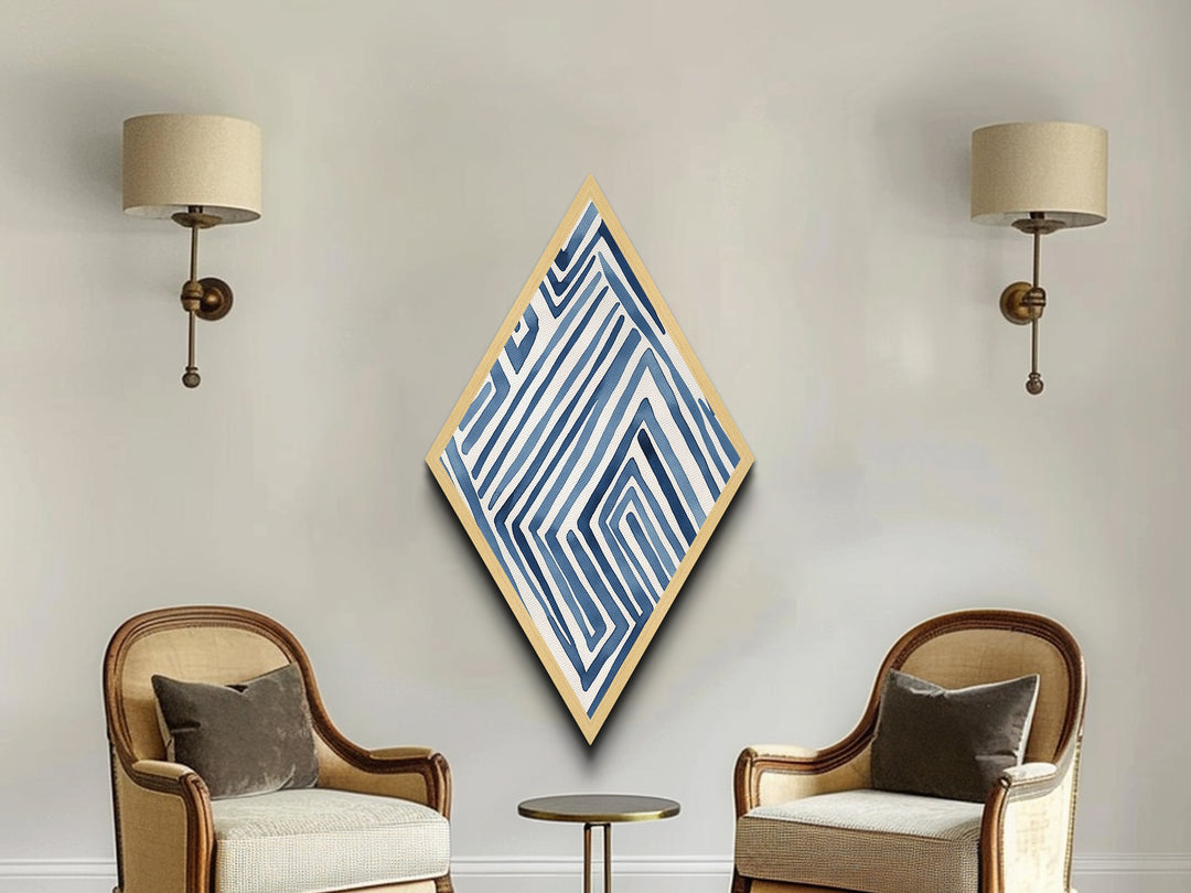 Ocean Maze Lines Diamond Shaped Blue Abstract Minimalist Canvas Embossed Print Modern Wall Decor Contemporary Geometric Accent