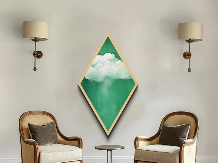 Misty Cloud Burst Diamond Shaped Soft Green Modern Canvas Textured Print Dreamscape Wall Art Serene Minimal Cloudy Sky Piece