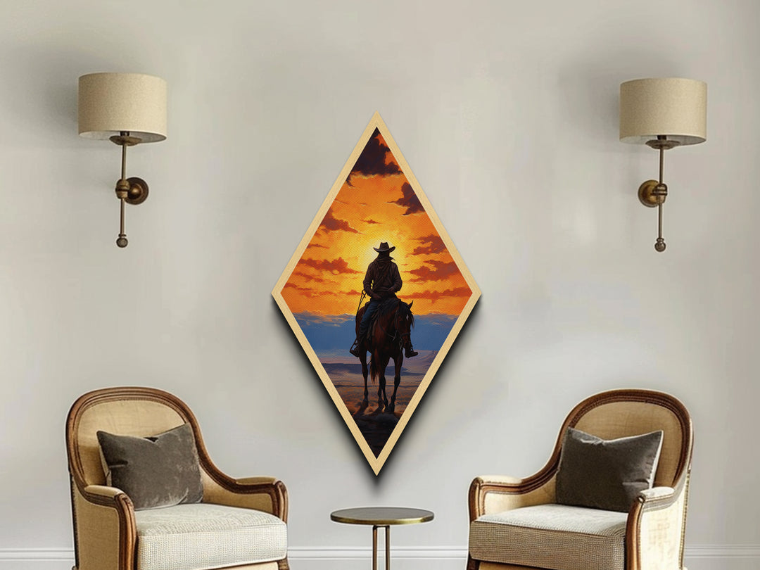 Cowboy Sunset Ride Diamond Shaped Western Horseback Silhouette Canvas Art Print Dramatic Sky Rustic Wall Decor Ranch Theme