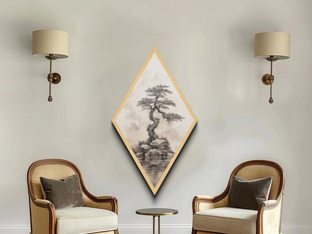 Charcoal Sketch of a Bonzai, Bonsai Tree Wall Art, Diamond Shaped Canvas Art Print, MCM Wall Decor, Odd Wall Art, Japanese Style Artwork