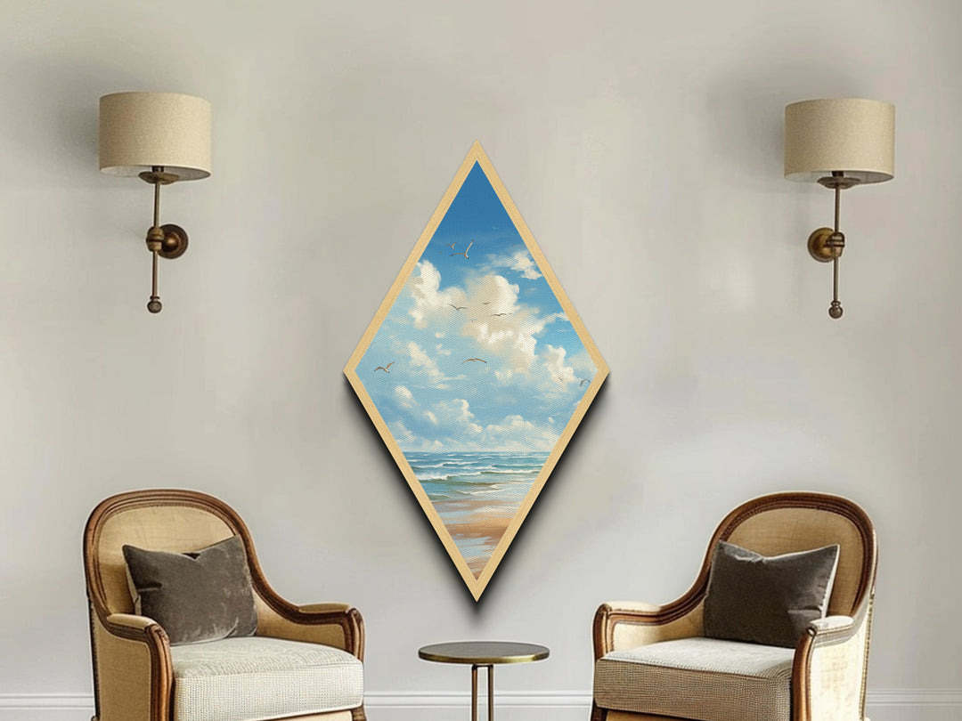 Ocean Breeze Shore Diamond Shaped Seagull Sky Beach Scene Canvas Textured Print Serene Coastal Wall Decor Nautical Landscape