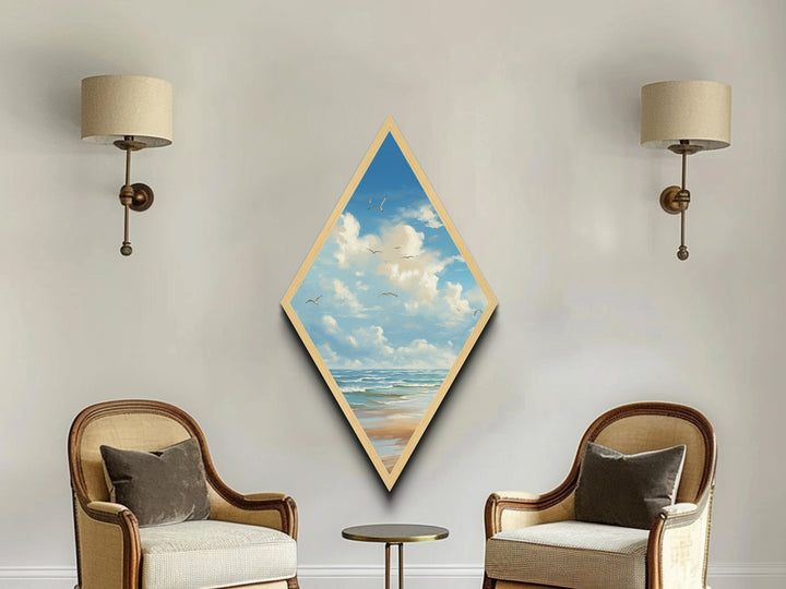 Ocean Breeze Shore Diamond Shaped Seagull Sky Beach Scene Canvas Textured Print Serene Coastal Wall Decor Nautical Landscape