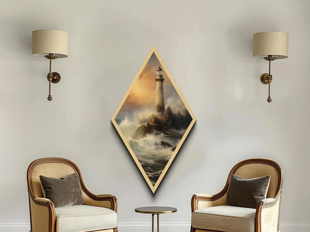 Stormy Lighthouse Glow Diamond Shaped Coastal Beacon Scene Canvas Art Print Dramatic Sea Waves Nautical Decor Maritime Lighting