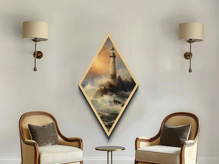 Stormy Lighthouse Glow Diamond Shaped Coastal Beacon Scene Canvas Art Print Dramatic Sea Waves Nautical Decor Maritime Lighting