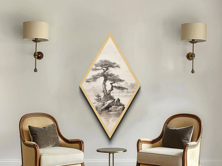 Funky Bonsai Tree Charcoal Sketch Canvas Art Print, Embossed Canvas Wall Art, Diamond Shaped Decor, Alternative Decor, Modern Art