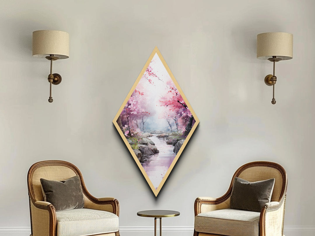 Cherry Blossoms In Spring, Diamond Shaped Canvas Embossed Wall Art, Canvas Texture Art, Japanese Inspired Wall Art, Statement Piece